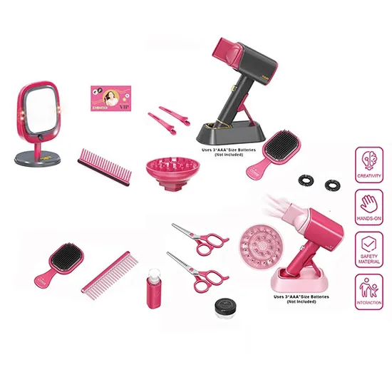 Equipamentos de salão de beleza de plástico mais recentes e populares, conjunto de maquiagem e secador de cabelo elétrico da moda, conjunto de brinquedos para meninas